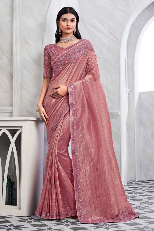 Pink Sequins Embellished Chiffon & Shimmer Silk Saree