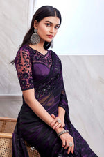 Purple Blue & Black Shimmering Sequins Embellished Silk Saree