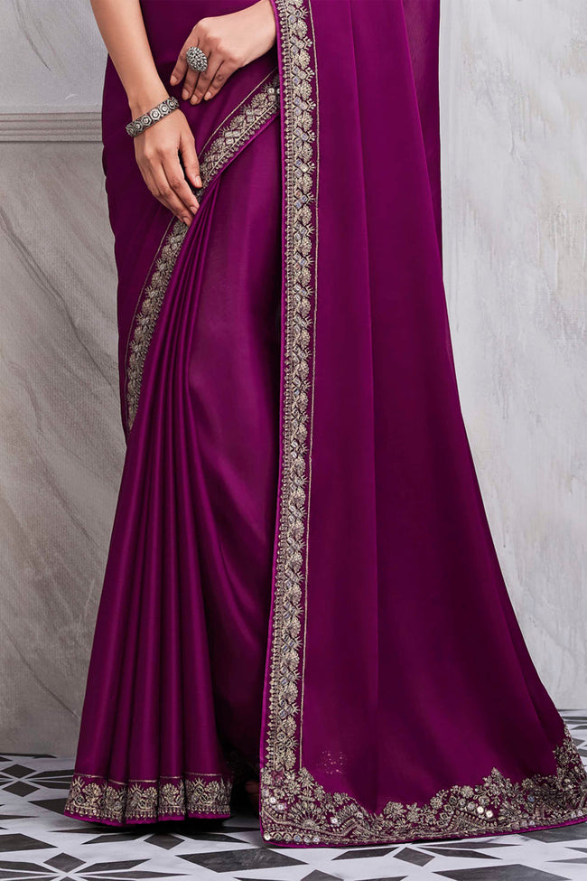 Purple Sequins Embellished Trendy Embroidered Silk Saree