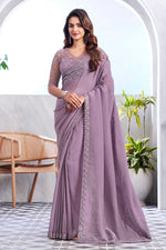 Light Purple Designer Embroidered Soft Shine Silk Saree