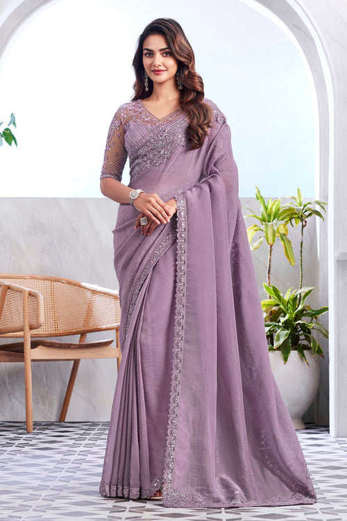 Light Purple Designer Embroidered Soft Shine Silk Saree