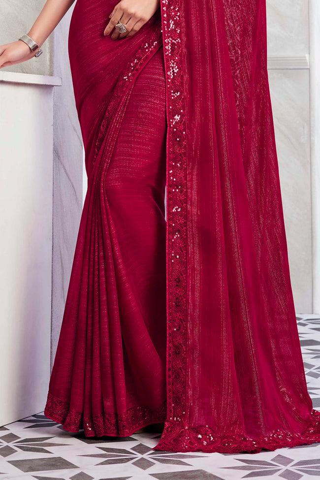 Dark Red Sequins Embellished Designer Silk Saree