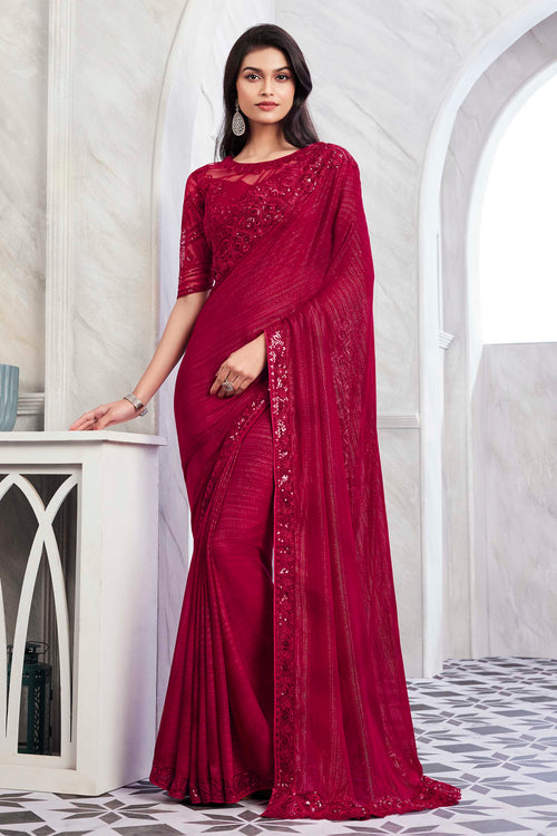 Dark Red Sequins Embellished Designer Silk Saree