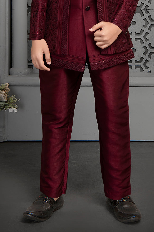 Dark Maroon Readymade Indowestern In Art Silk For Boys