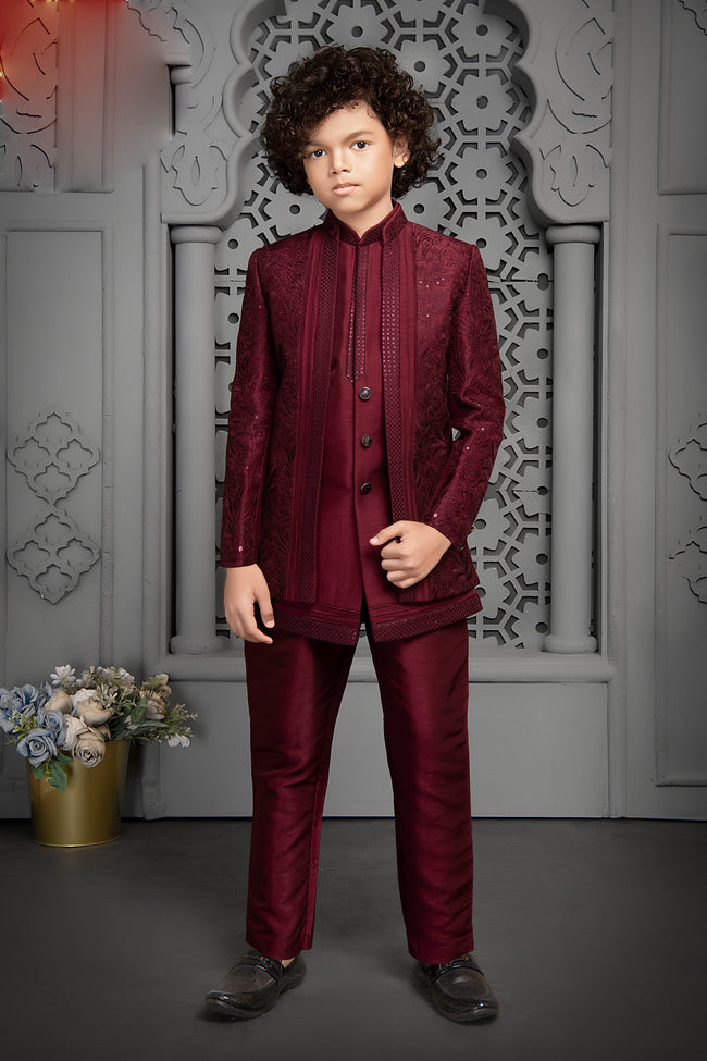 Dark Maroon Readymade Indowestern In Art Silk For Boys