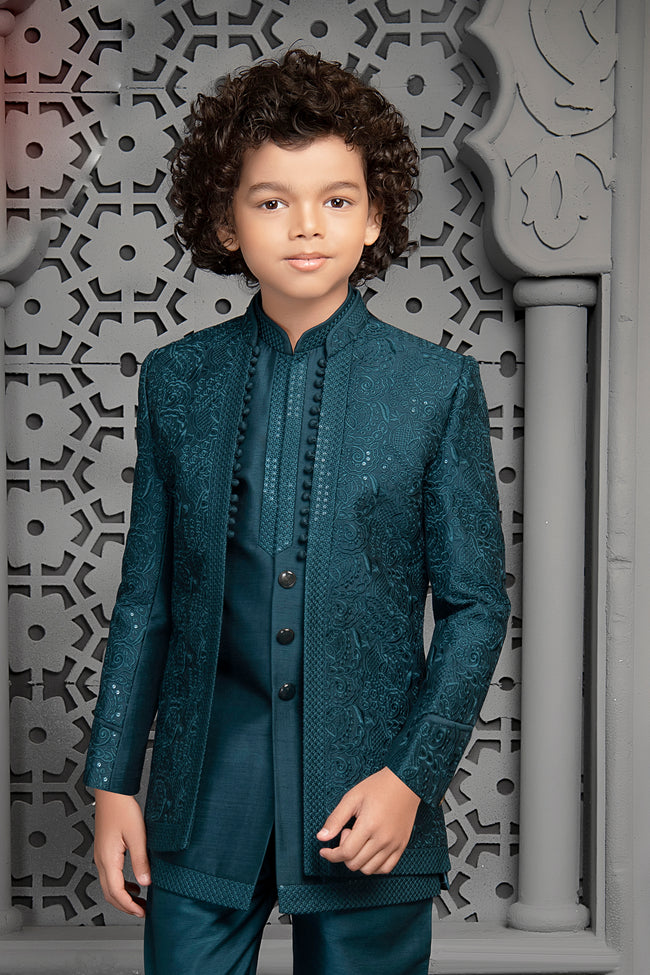 Teal Blue Stylish Jacket Kurta Set In With Thread Work For Boys