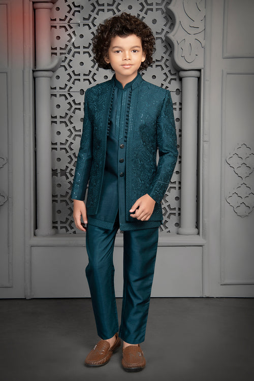 Teal Blue Stylish Jacket Kurta Set In With Thread Work For Boys