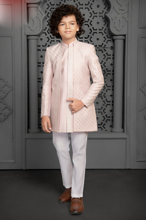 Coral Pink Sequin Work Embroidered with Jacket Indowestern for Boys