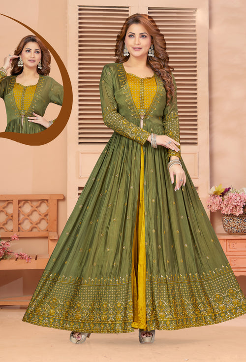 Olive Green Fancy Embroidered Anarkali Suit For Wedding