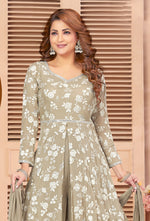 Beige Floral Printed Anarkali Suit Set In Silk