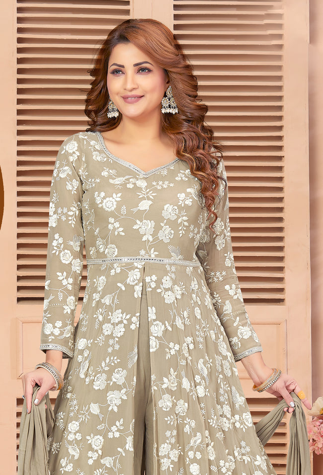 Beige Floral Printed Anarkali Suit Set In Silk