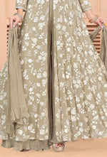 Beige Floral Printed Anarkali Suit Set In Silk