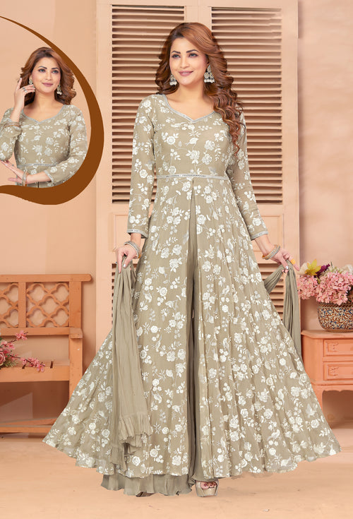 Beige Floral Printed Anarkali Suit Set In Silk