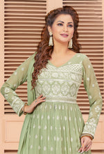 Sea Green Chinon & Georgette Embroidered Palazzo Suit