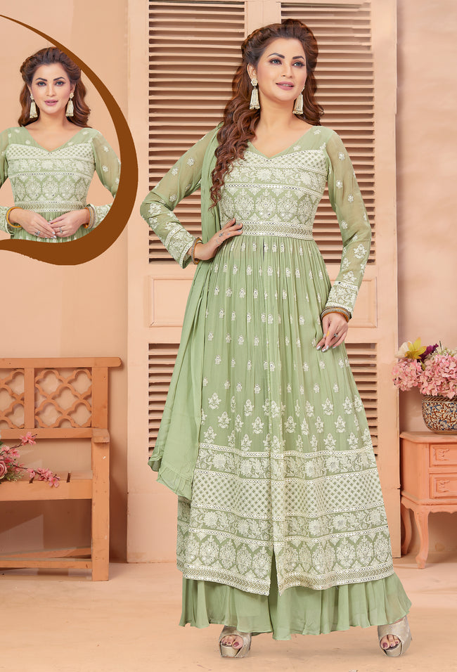 Sea Green Chinon & Georgette Embroidered Palazzo Suit