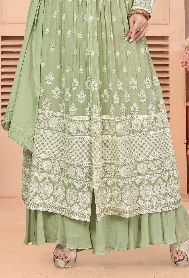 Sea Green Chinon & Georgette Embroidered Palazzo Suit