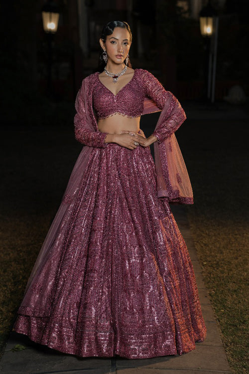 Mauve Purple Net Designer Lehenga with Sequins & Embroidery