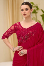 Cherry Red Satin Chiffon Saree and Banglori Work Blouse