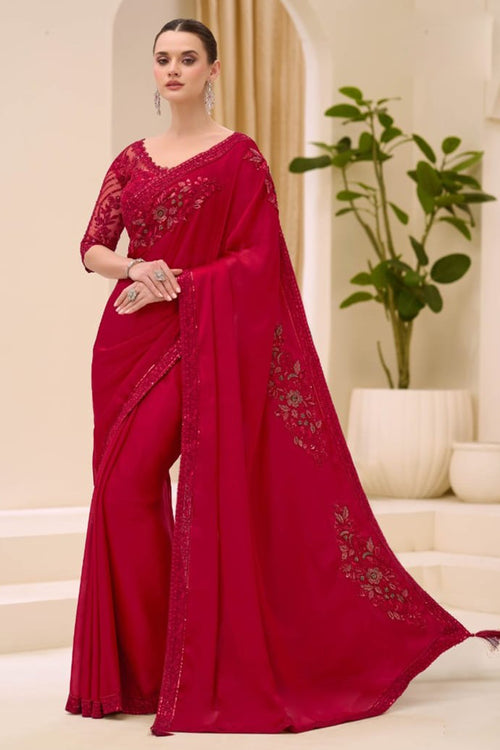 Cherry Red Satin Chiffon Saree and Banglori Work Blouse