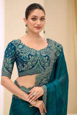 Rama Chiffon Satin Patch Border and Embroidered Work Contemporary Saree