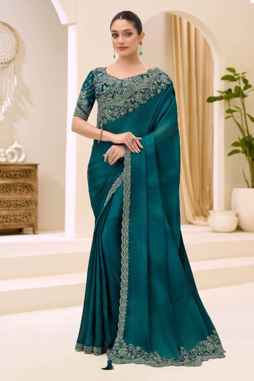Rama Chiffon Satin Patch Border and Embroidered Work Contemporary Saree