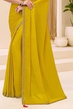 Golden Satin Chiffon Saree & Banglori Work Blouse