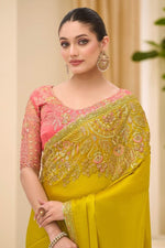 Golden Satin Chiffon Saree & Banglori Work Blouse