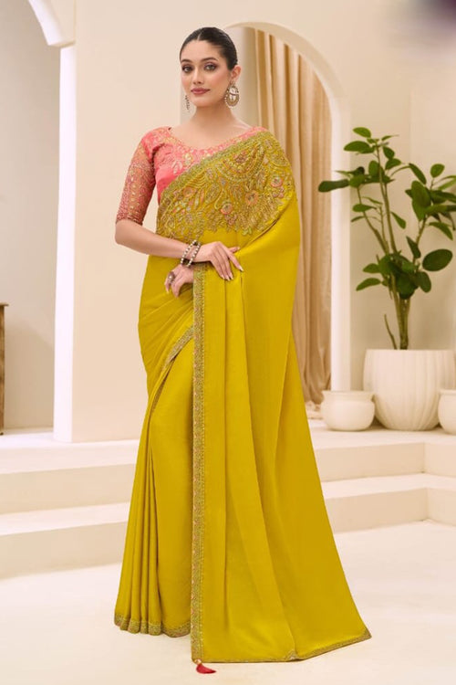 Golden Satin Chiffon Saree & Banglori Work Blouse