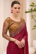 Maroon Satin Saree With Contrast Woven Blouse