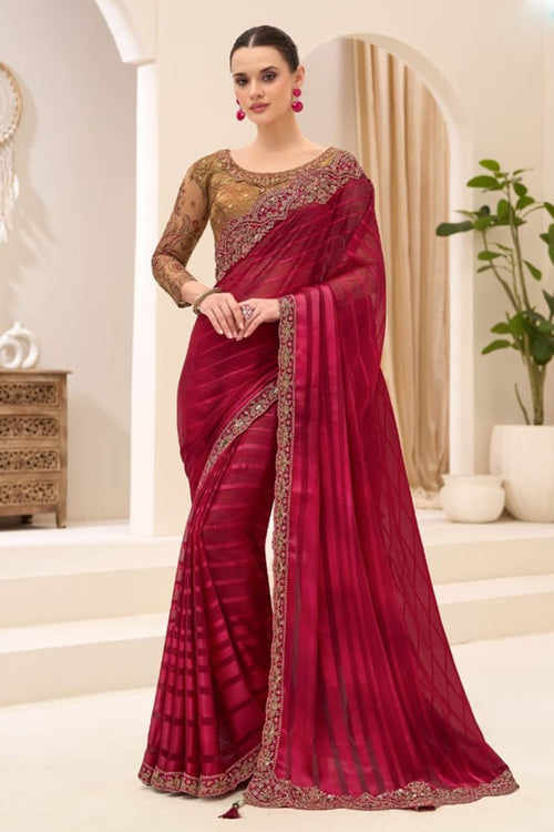 Maroon Satin Saree With Contrast Woven Blouse