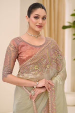 Beige Sunsilk Tissue Saree With Peach Silk Blouse