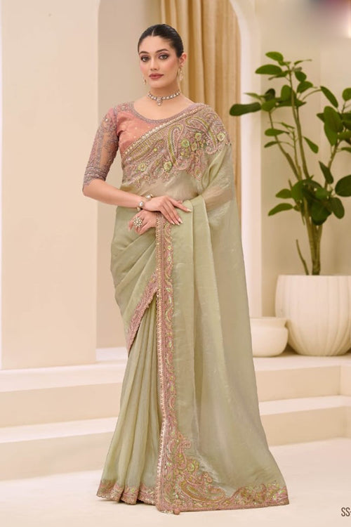 Beige Sunsilk Tissue Saree With Peach Silk Blouse