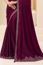 Wine Satin Silk Saree with Elegant Brocade Work Blouse for Festive Occasions