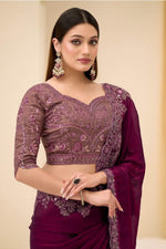 Wine Satin Silk Saree with Elegant Brocade Work Blouse for Festive Occasions
