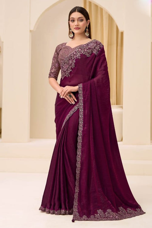 Wine Satin Silk Saree with Elegant Brocade Work Blouse for Festive Occasions