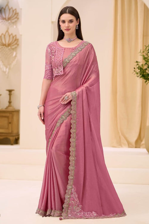 Pink Shimmer Satin Saree with Embellished Jacket Blouse