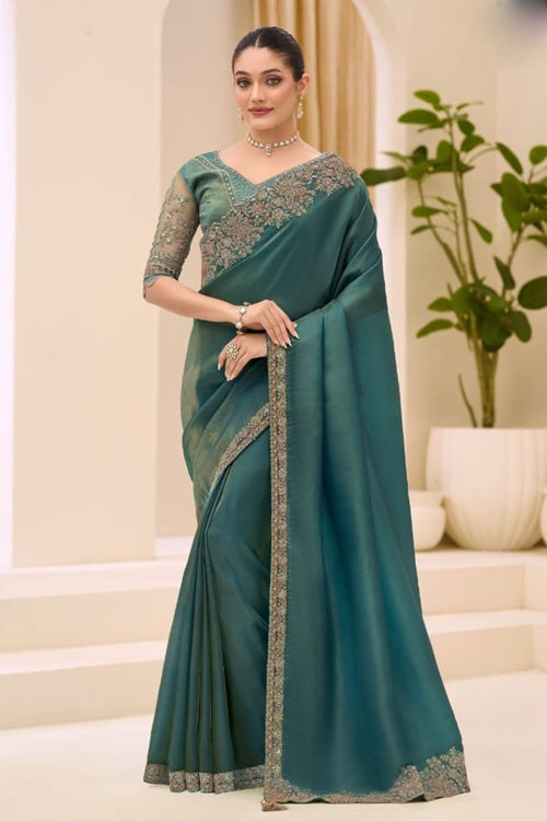 Green Tissue Patch Border and Embroidered Work Traditional Saree