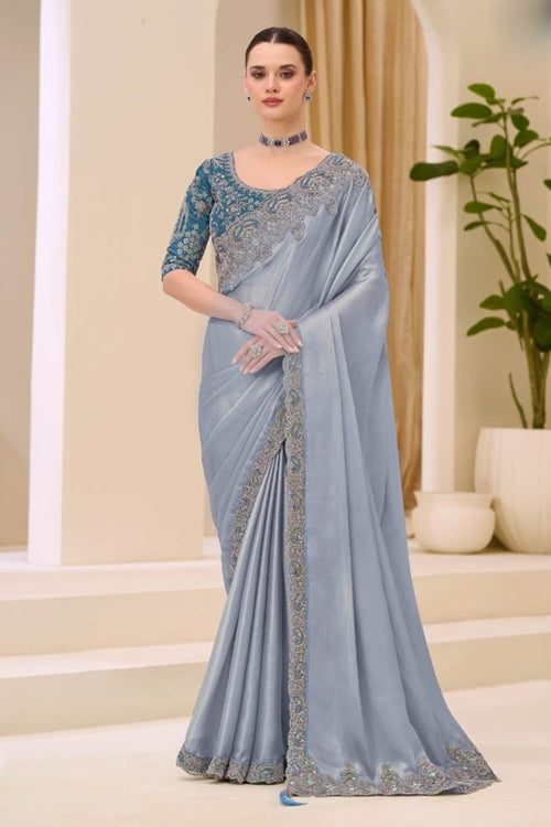 Grey satin saree with resham and sequins With Embroidered Blouse