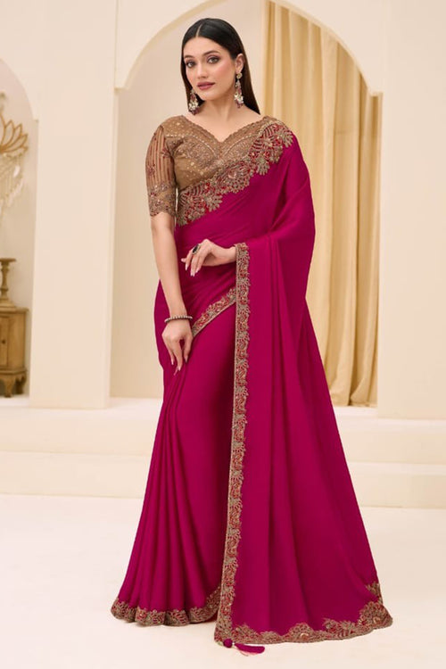 Rani Satin Georgette Border Embroidered Designer Engagement Saree