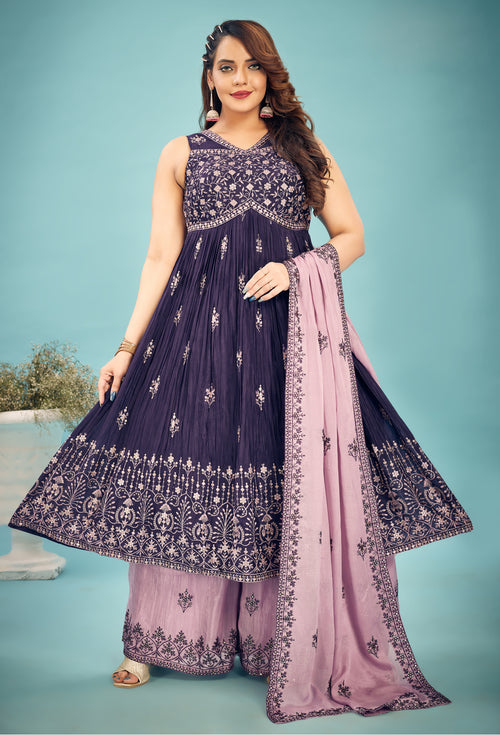 Purple & Pink Festive Wear Georgette Embroidered Palazzo Set