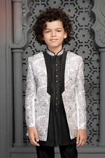 Black And White Silk Indowestern Set For Boys