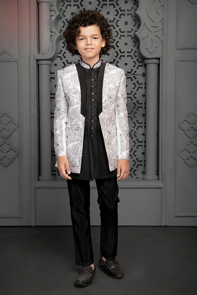 Black And White Silk Indowestern Set For Boys