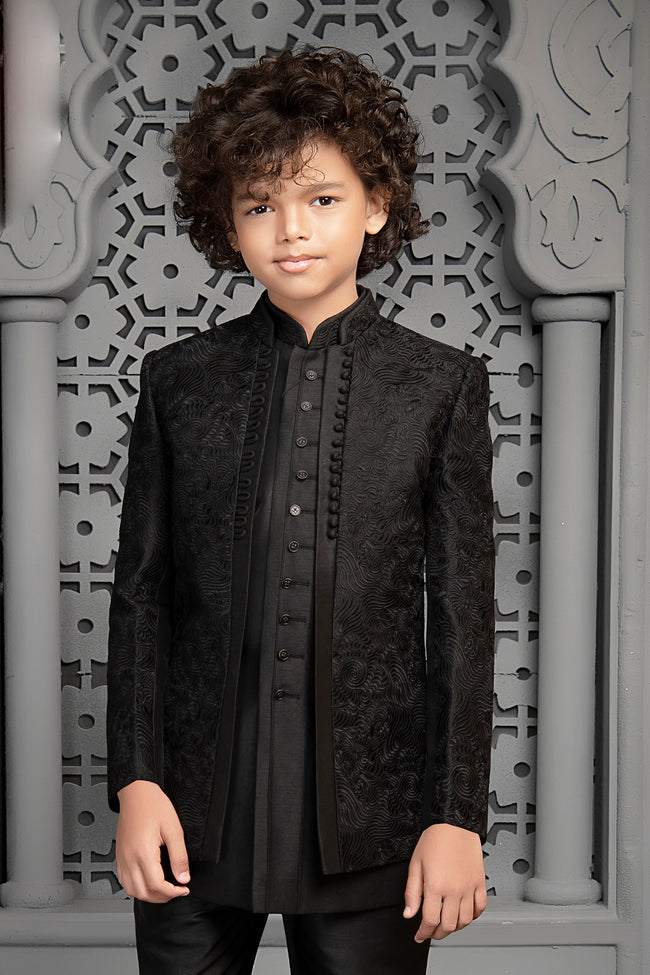 Black Readymade Indowestern In Art Silk For Boys