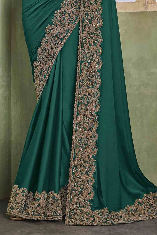 Bottle Green Wedding Wear Soft Silk Saree With Embroidery Blouse Piece