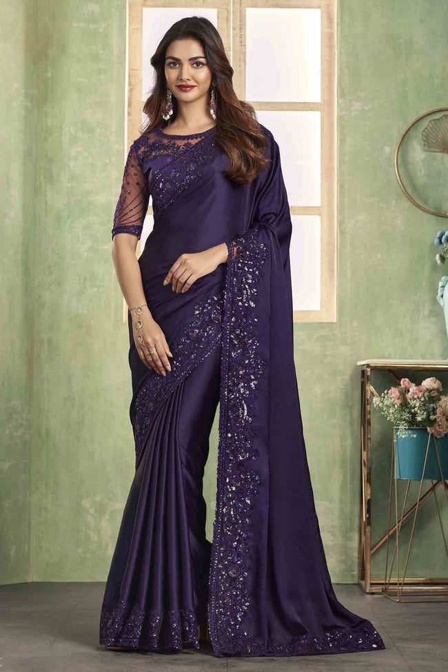 Navy Blue Embroidered Border Soft Silk Saree With Embroidery Blouse Piece