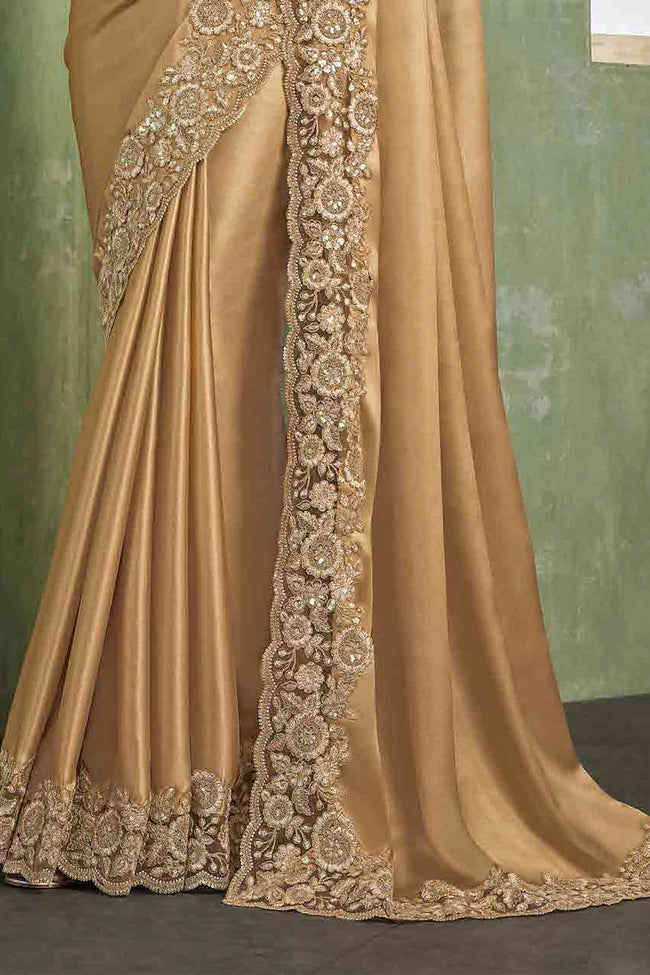 Gold Festive Wear Embroidered Shimmer Satin Saree With Embroidery Blouse Piece