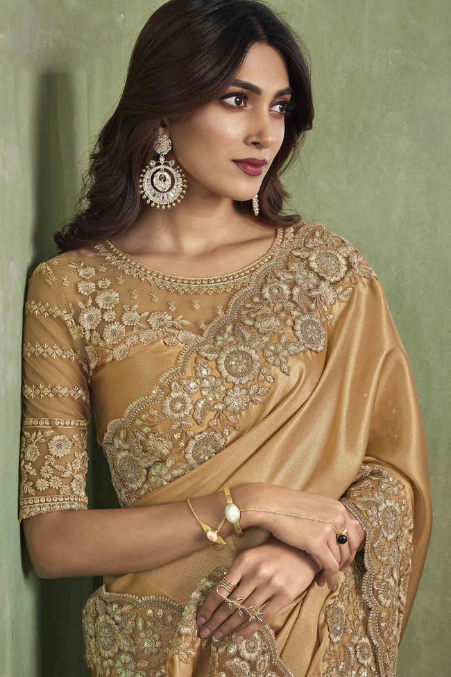 Gold Festive Wear Embroidered Shimmer Satin Saree With Embroidery Blouse Piece