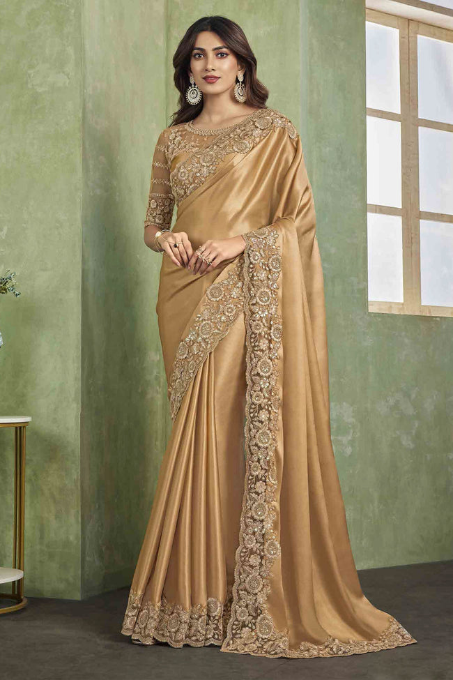 Gold Festive Wear Embroidered Shimmer Satin Saree With Embroidery Blouse Piece