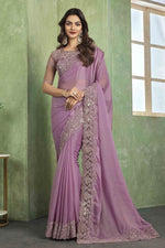 Light Purple Chiffon Embroidered Border Saree With Blouse Piece