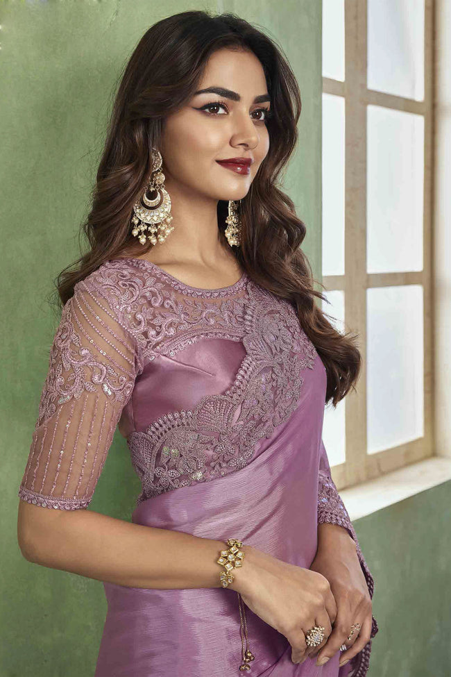 Light Purple Chiffon Embroidered Border Saree With Blouse Piece